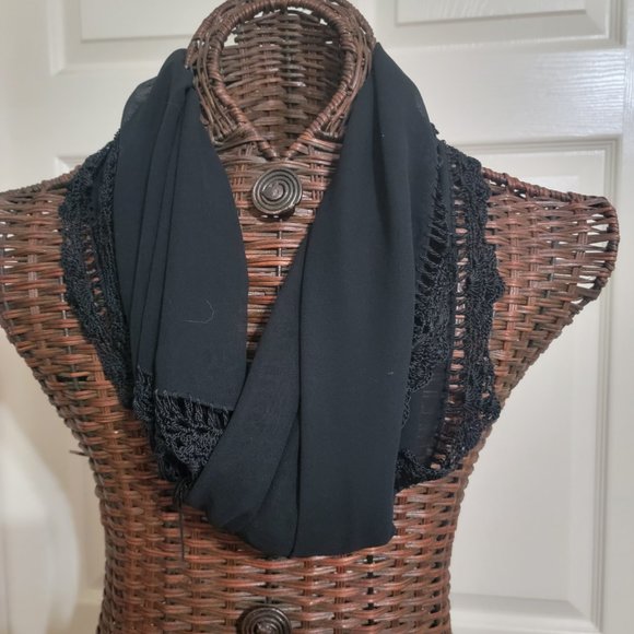 Large Black Shear Dress Scarf with Crotched Edges and Fringe - Picture 10 of 13